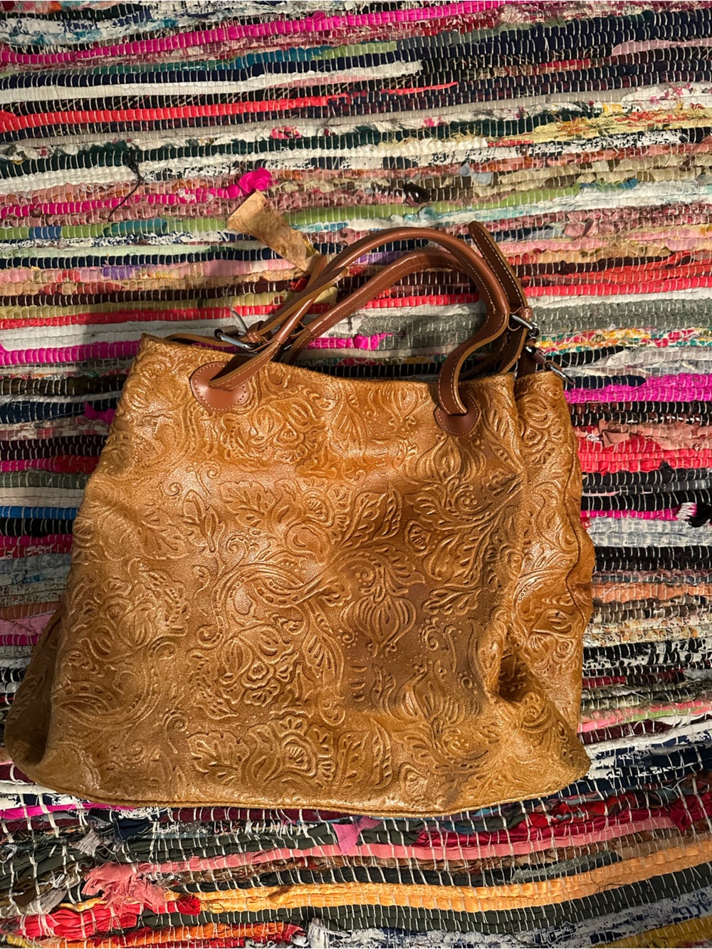 Embossed Tan Leather Tote Bag - Stylish Everyday Carry